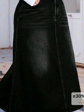 SHEIN Black Maxi Denim Skirt with Contrast Stitching - Very Cute Plus  5x/22/24